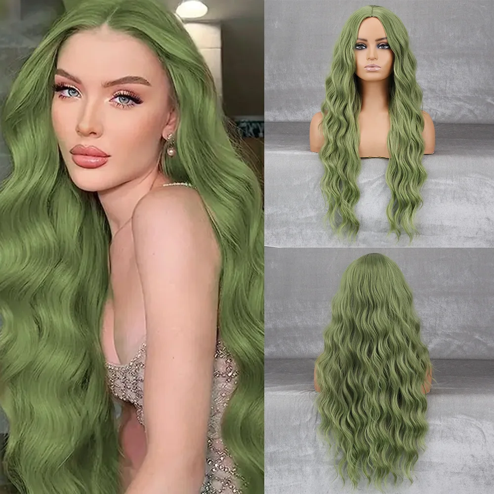 

Grass Green Medium Wave Curly Hair Chemical Fiber Synthetic Wig | New Fashion Party Party Corrugated Long Curly Hair