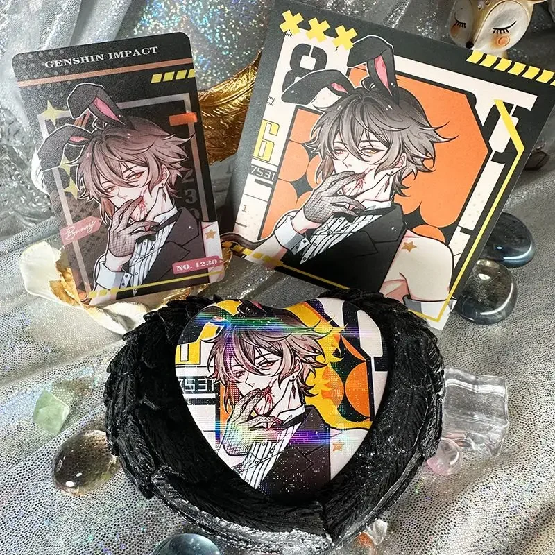 Gioco Impact Original 3 pz/set Fan Works Baizhu Scaramouche Killer Bunny Boy Square Card + trasparente Card + Love Badge Fans Gift