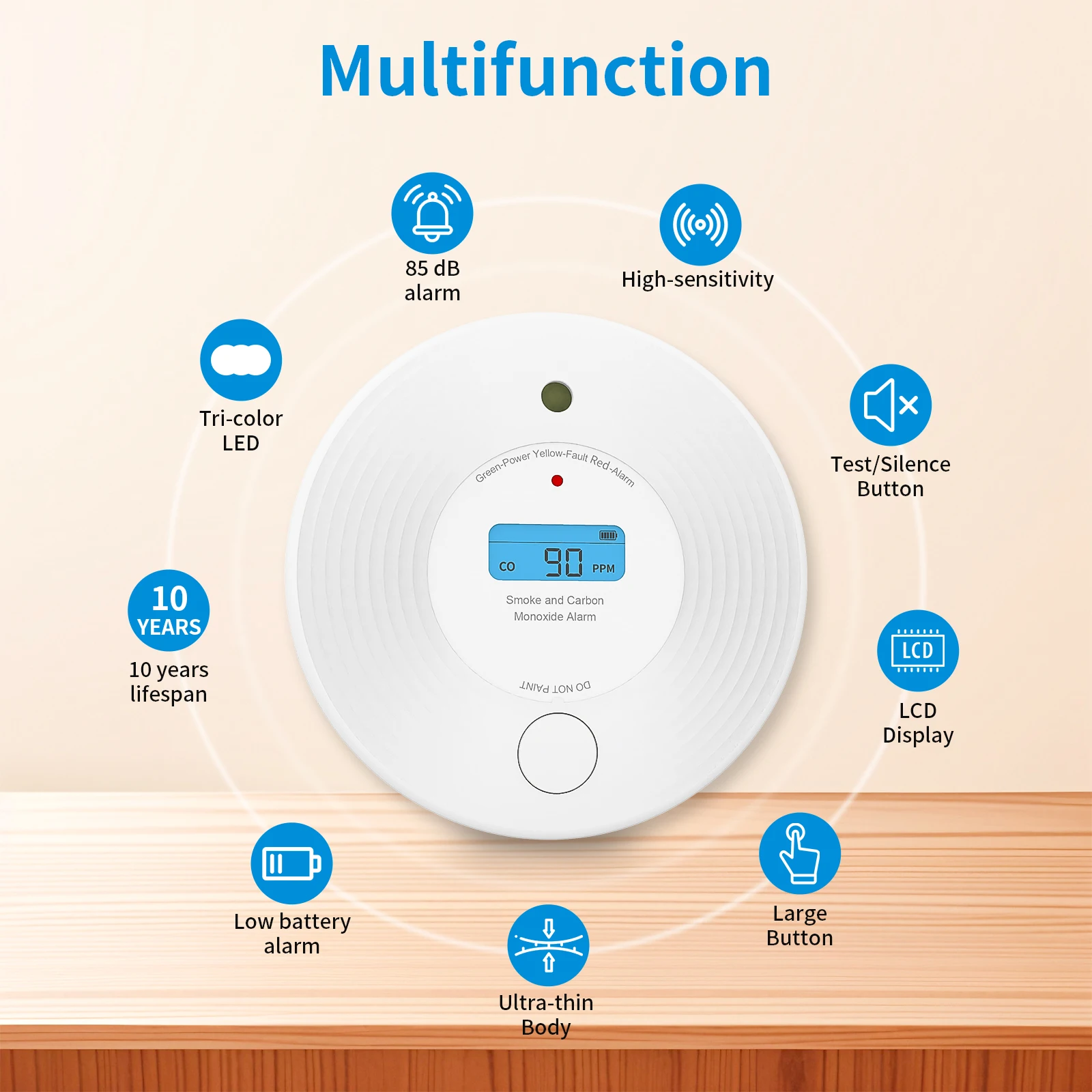 Combo detector de CO e fumaça, alarme de incêndio, alarme de fumaça e alarme de monóxido de carbono 2 em 1, com bateria de 10 anos e display LCD