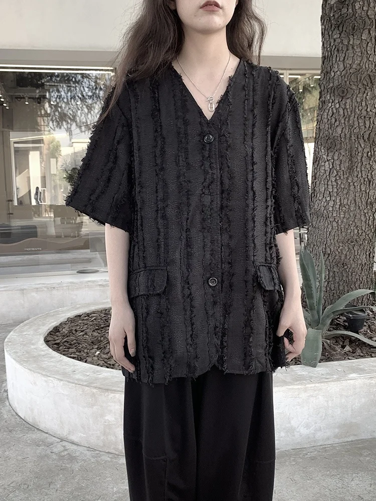 

Land And Mountain 2025 Summer New Sle Bla Texture V-ne Casual irt Crtsmanip Loose Fit Women's Cotton irt
