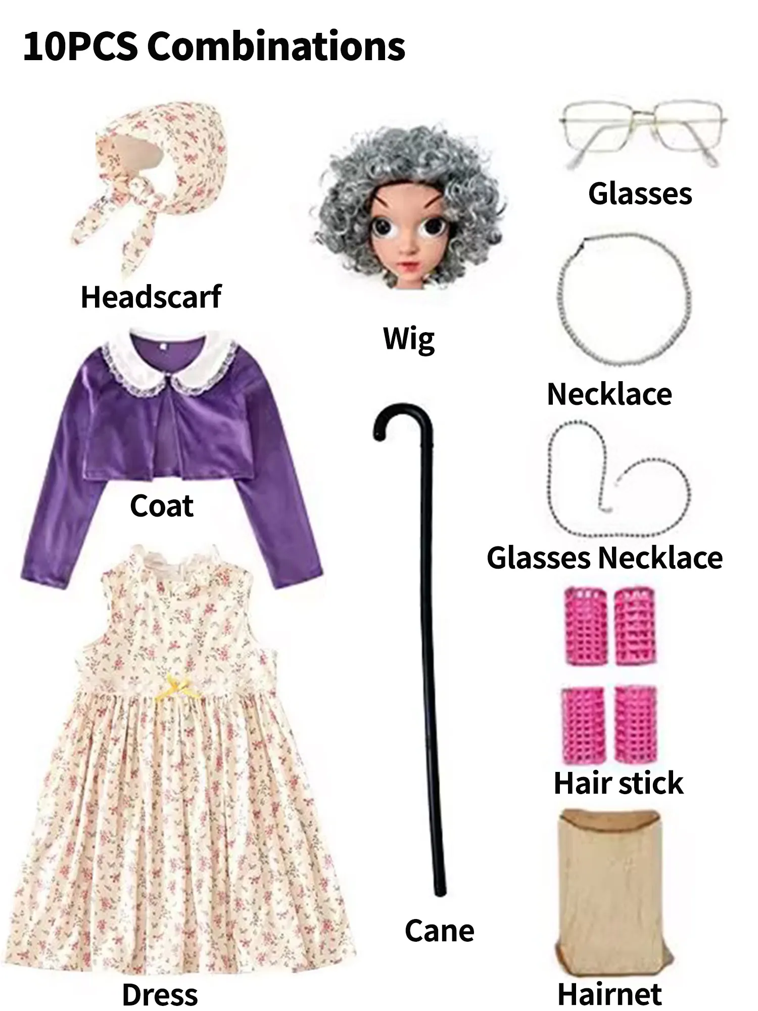 زي الفتيات السيدة العجوز 100 يوم من المدرسة فستان الجدة الجدة 10 قطع شعر مستعار الزي