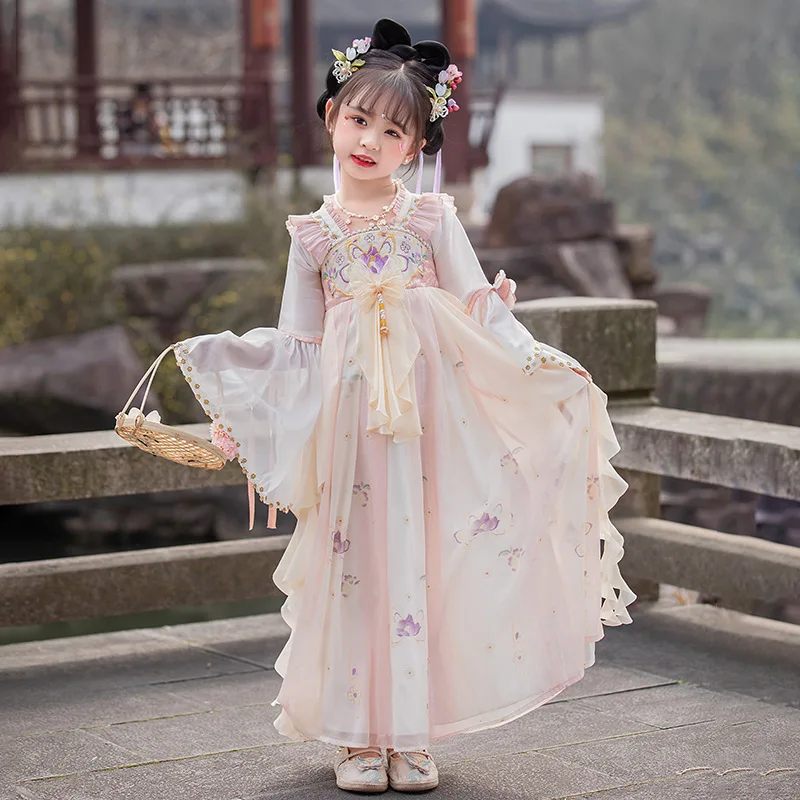 Chinese Traditional Folk Dance Dress Girls Pink Dance Fairy Costume Hanfu Girls Princess Dresses Set Kids Party Cosplay Clothing