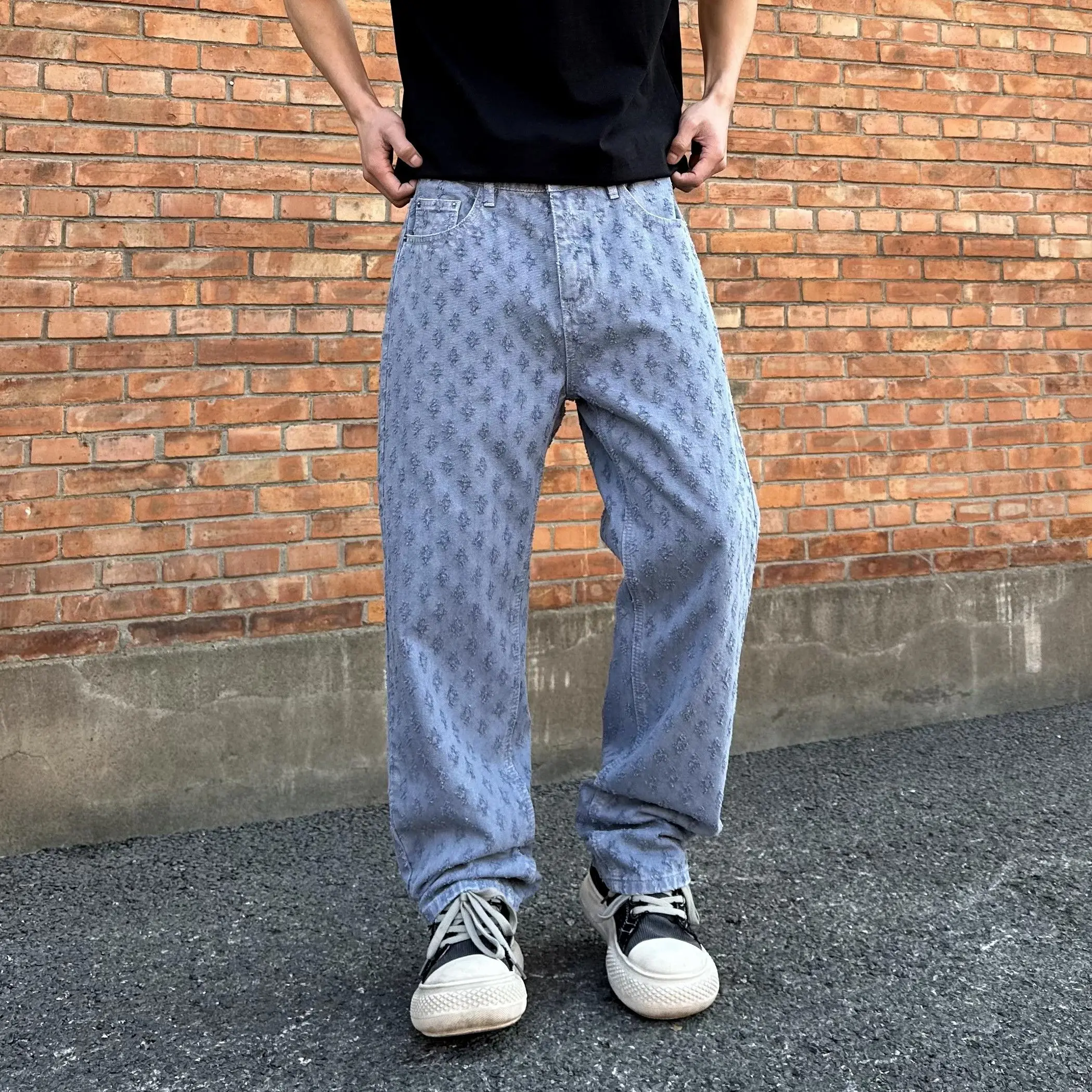 الرجعية السراويل الطويلة شارع العليا Ins العصرية الملونة الجاكار تصميم الجينز الرجال فضفاض واسعة الساق الهيب هوب الجينز #3