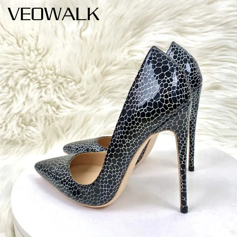 

Новый геометрический узор с принтом, женские черные лакированные туфли-лодочки на высоком каблуке с острым носком, сексуальные туфли без шнуровки 12 см на шпильке для вечерней вечеринки, свадьбы