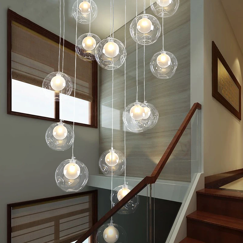 Modern Rotating Staircase Pendant LED Glass Ball Bubble Long Pendant Home Decoration Light Fixtures Living Room Lobby Lighting