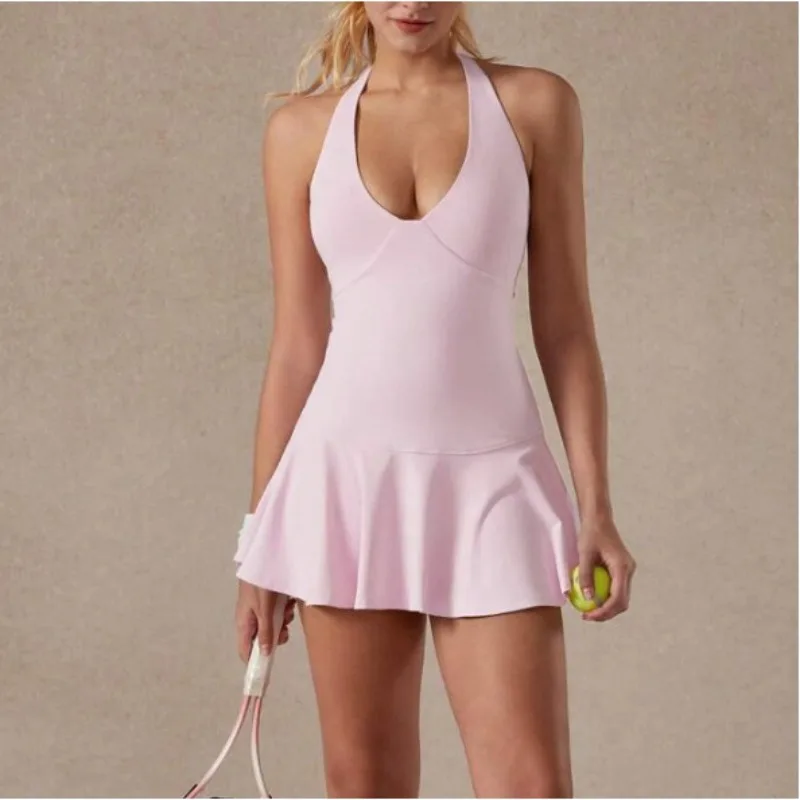 

Женское спортивное платье для тенниса, наряд для гольфа, встроенный бюстгальтер и шорты, комплект для йоги, одежда для тренировок