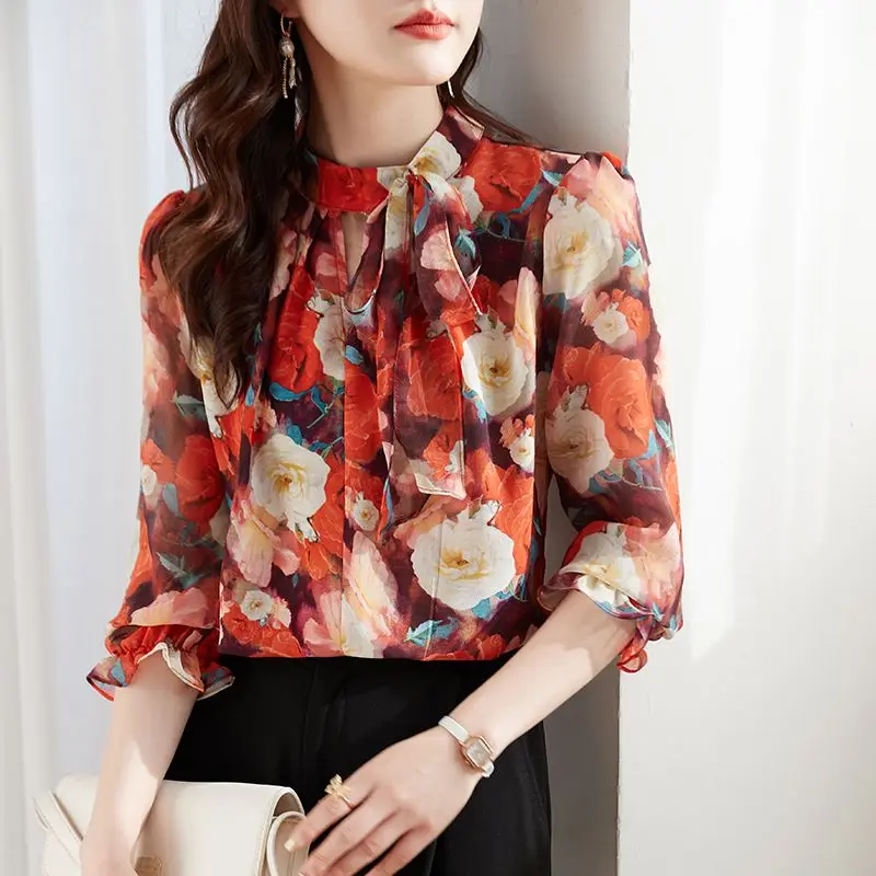 New Women\'s Stylish Vintage Ruffle Floral Print Hollow Blouse Office Lady Elegant Bow Lace Up Shirt Casual 3/4 Sleeve Loose Tops