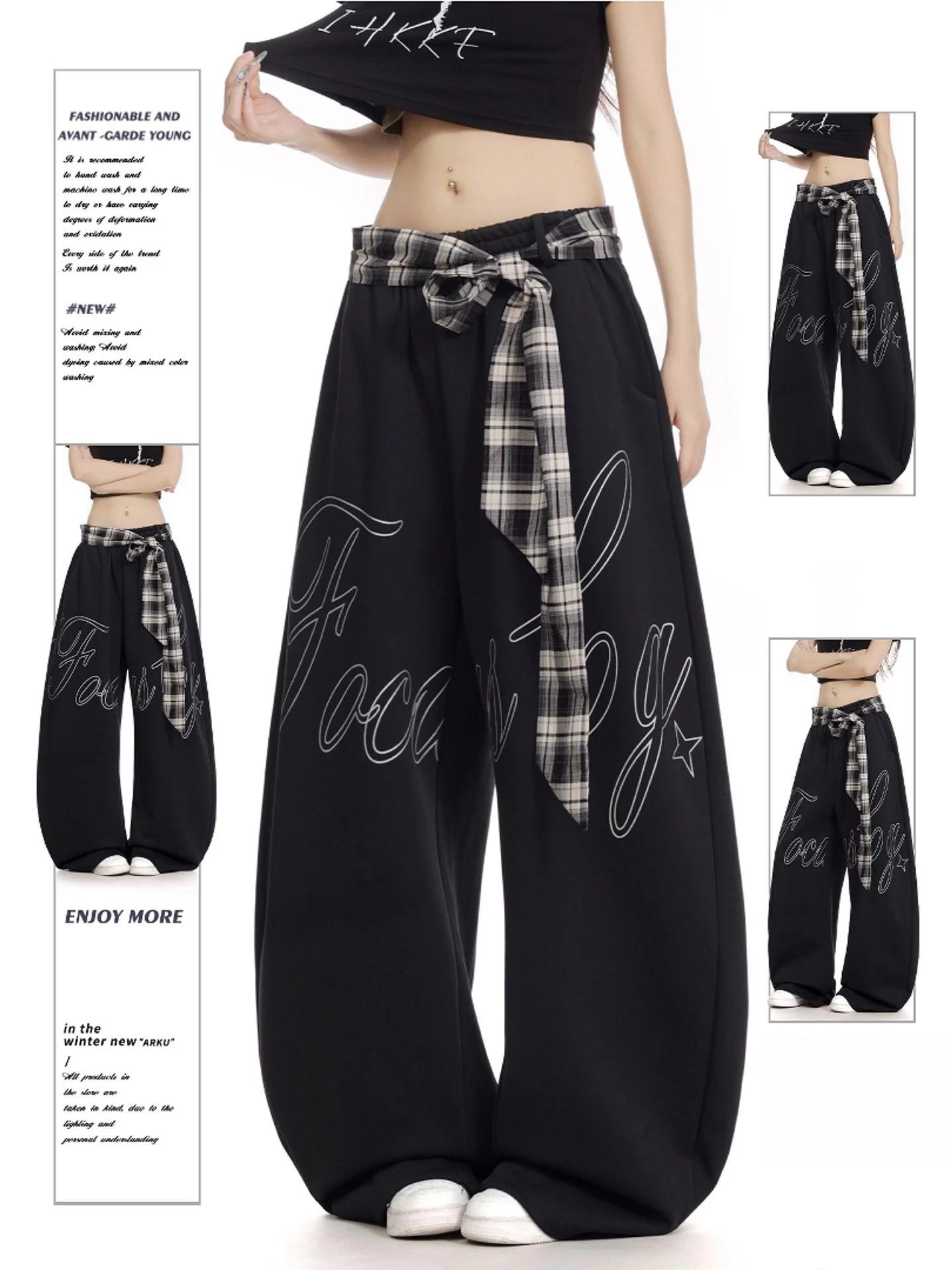 

American Style Retro Plaid Tie Sports Sweatpants Women's Loose Lazy Jazz Dance Wide Leg Knife Casual Pants