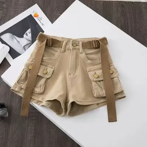 Chic Cargo Shorts Women Pockets Solid Color High Waist Streetwear Womens A-line Hotsweet Korean Style Short Summer ZT289