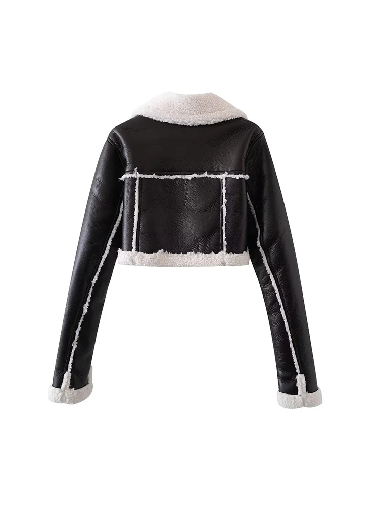 Stylish Women Faux Leather Short Jackets 2023 Winter Fashion Ladies Smart Fleece Jacket Sweet Female Chic Outerwear Cute