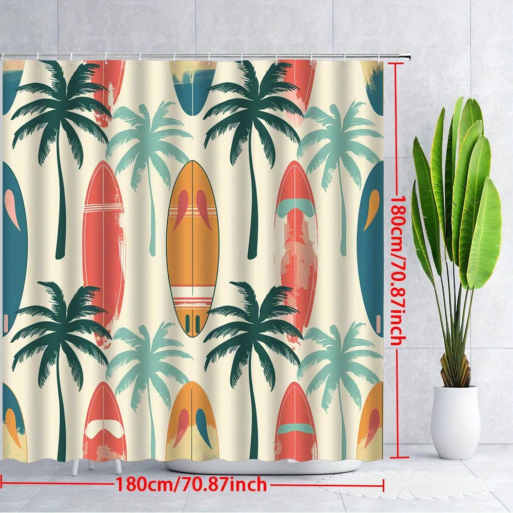 

Занавеска для душа в стиле ретро для доски для серфинга — тропическая пляжная атмосфера с красочными досками для серфинга и пальмовыми деревьями, мягкий бежевый фон