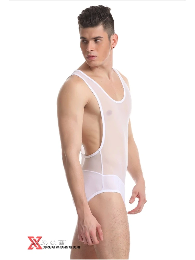 Ropa interior sexy personalizada para hombre, chaleco de malla de una pieza, ropa interior transparente negra