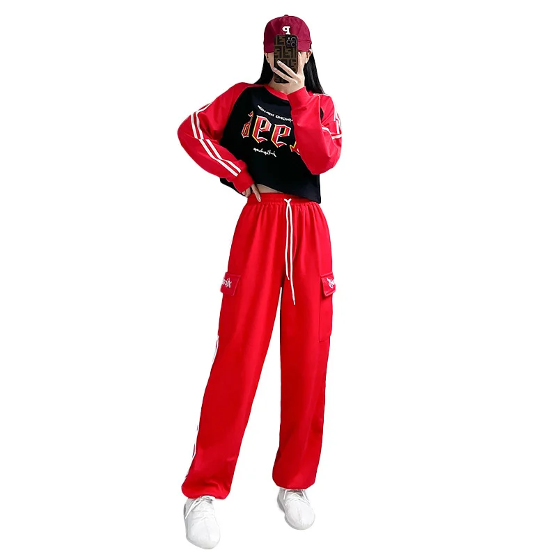 Street Dance Hip-hop Dance Clothes Women Pant Suit Tracksuit Wear Round Neck Color Blocking Korean Group Costume Dance Wear