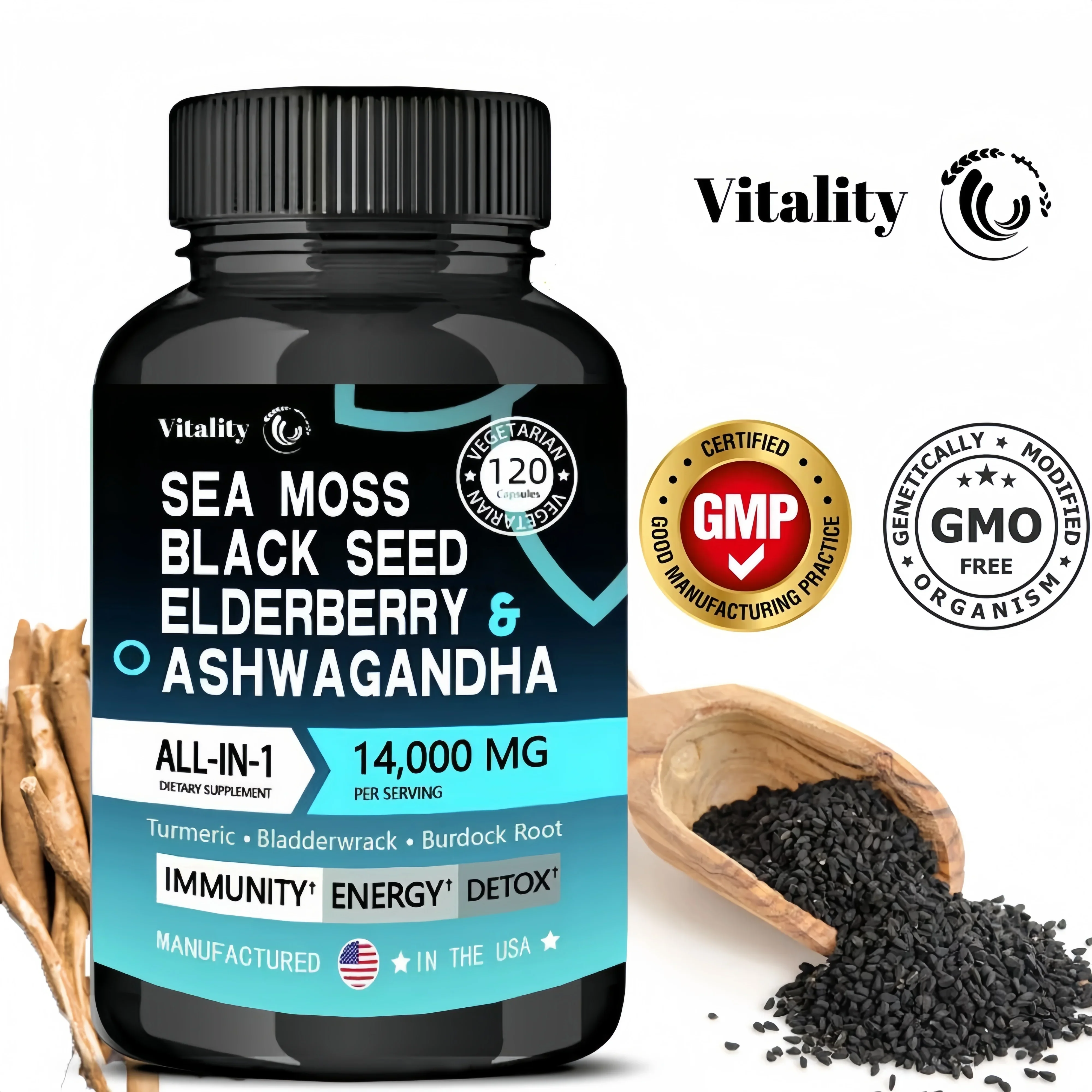 Seaweed Black Seed Oil Ashwagandha Turmeric Capsules - Rich in Vitamins & Trace Minerals Joint Immune Heart Digestive Support