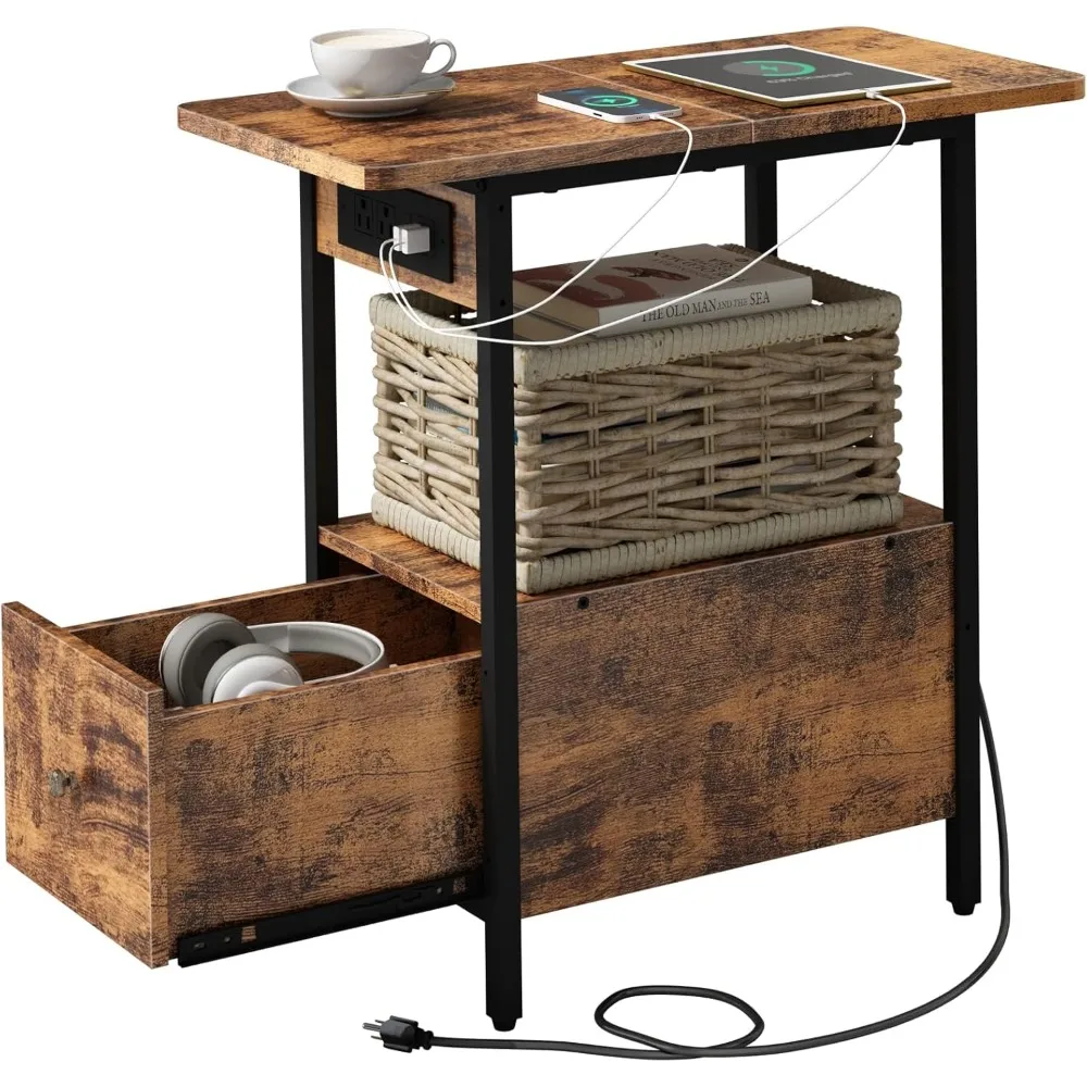 

End Table with Charging Station, Narrow Side Table with Drawer and USB Ports & Power Outlets, Nightstand Bedside Tables for Sma