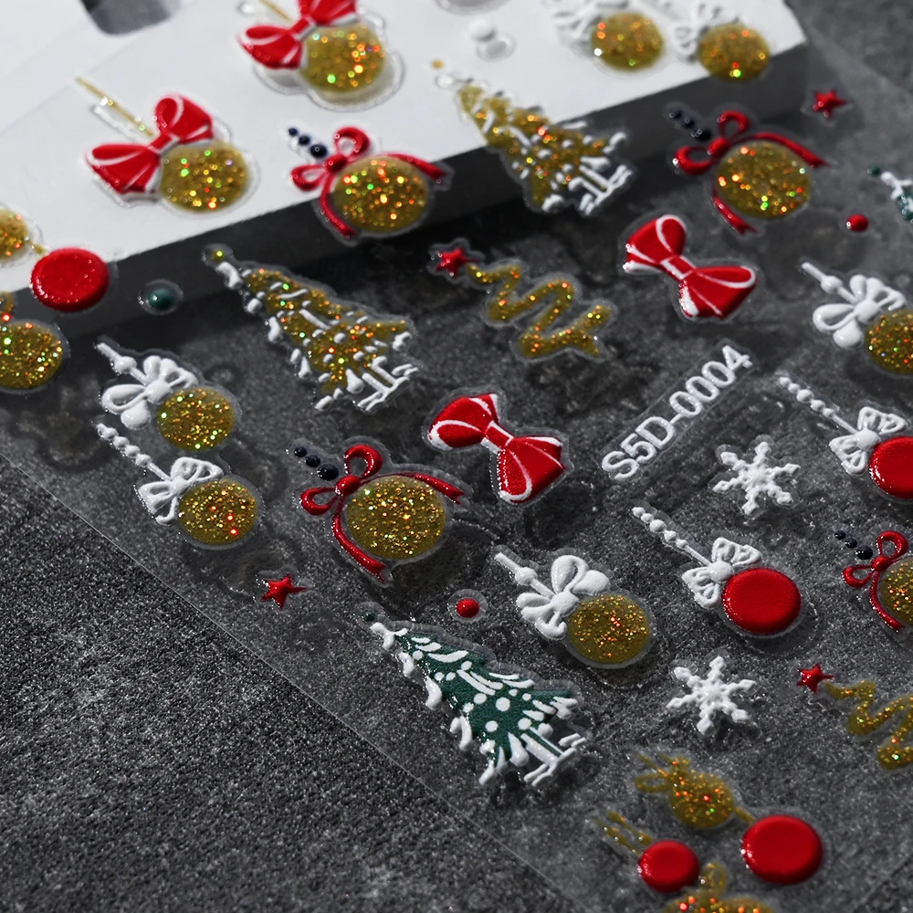 5D Gold Silver Glitter Christmas Nail Sticker Cute Cartoon Santa Claus Snowman Bowknot Nail Art Decals Christmas Tree Xmas Gifts
