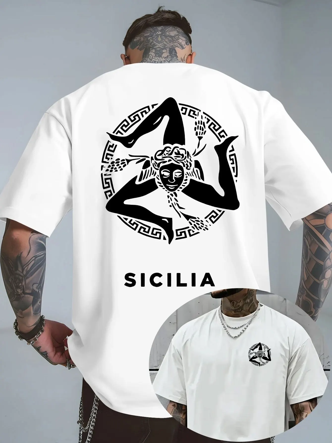 Vintage Sicilia Trinacria Symbol Grafik-T-Shirt für Herren Atmungsaktiv 100% Baumwolle Perfekt für Sommer-Streetwear und Italienische Kultur-Atmosphäre – Detail 4
