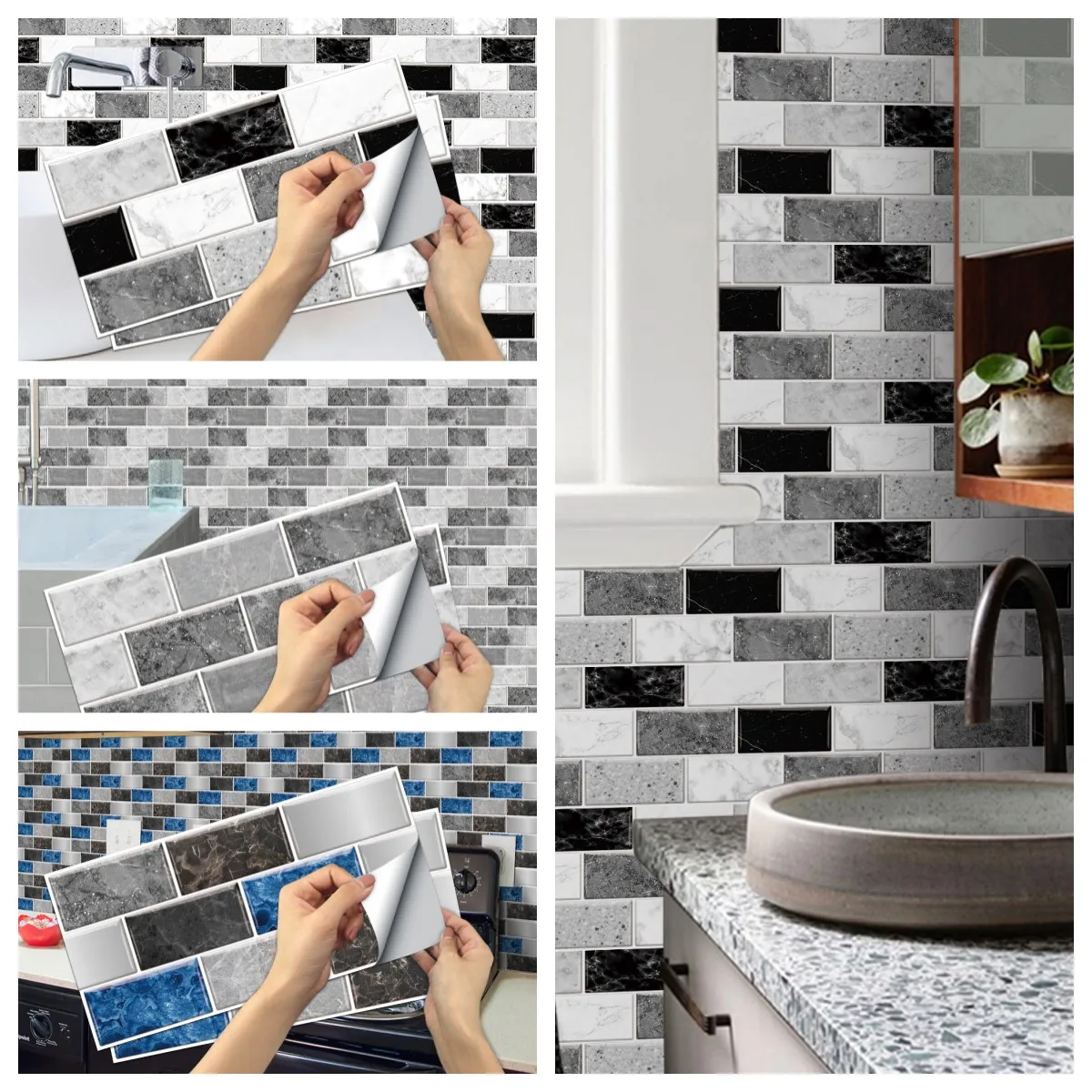 6PCS Peel&Stick Marble Tile Wall Stickers Easy To Apply Self-adhesive PVC Wallpaper For Kitchen/Bathroom Waterproof Backsplash