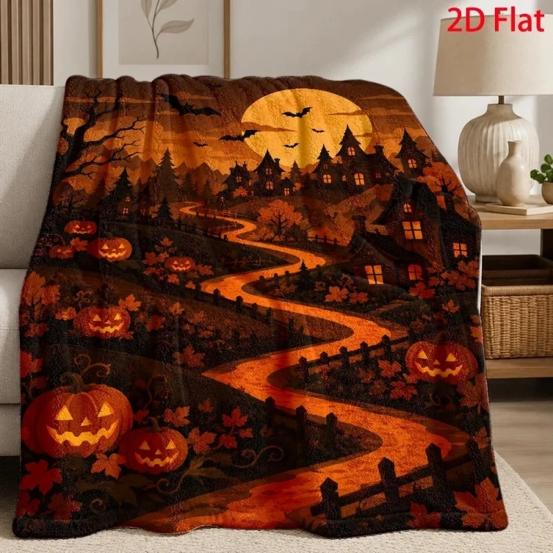 Halloween Haunted House Pumpkin Flannel Throw Blanket, Moon Bat Night Scene Print Warm Blanket for Sofa Bed Holiday Decor