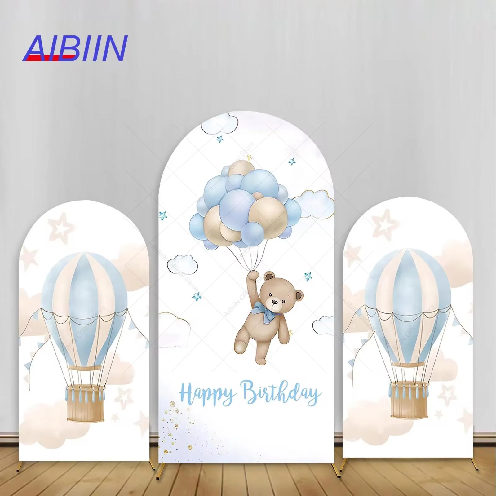 

Happy Birthday Arch Backdrop Cover Hot Air Balloons Cute Bear Stars Cloud Arch Elastic Wall Background Boy Birthday Party Decor