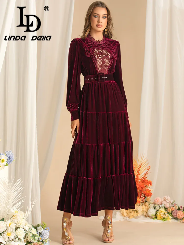 LD LINDA DELLA Autumn and Winter Fashion Dress Women Stand Collar Lantern Sleeved Lace Hollow Out Party Dresses With Belt