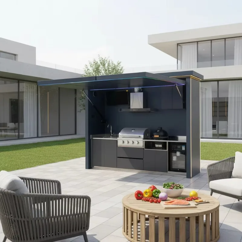 Prefab Outdoor Kitchen Cabinets Modular Stainless Steel BBQ Station with Roof and Countertop for Commercial Use