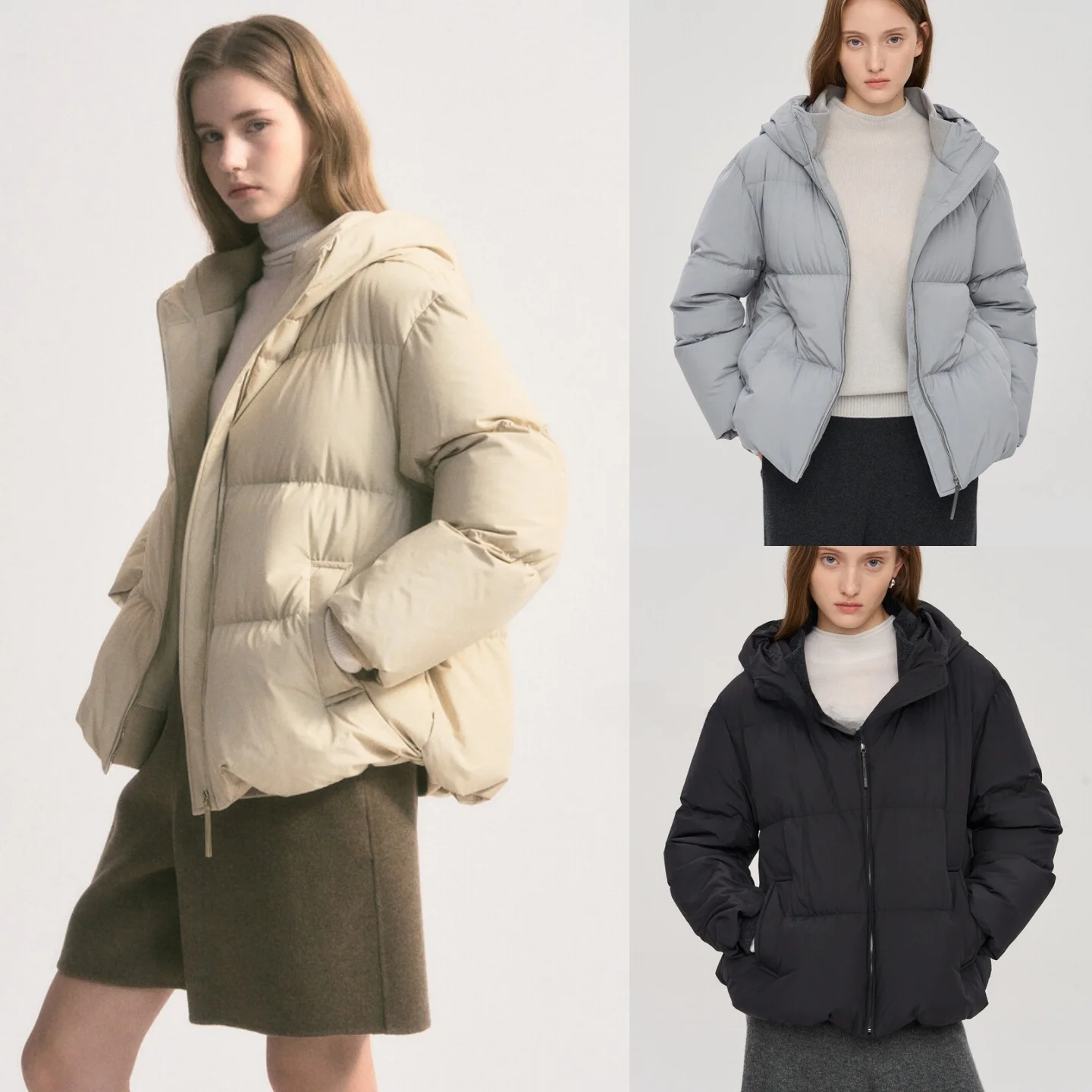 

Thiened Goose down Puffer Jaet Hooded Commuter Sle Korean Version Long Sve Zipper Closure Warm Outerwear Coat
