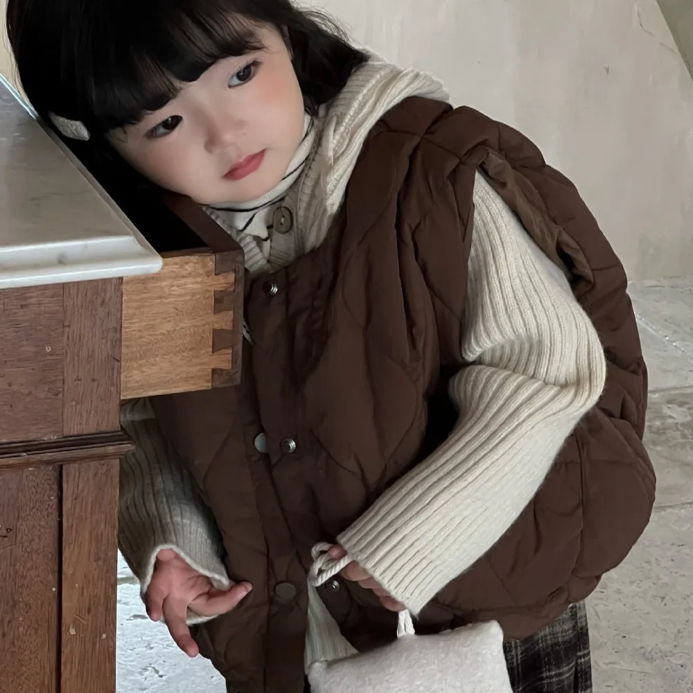 

Korean Version Fashion Sleeveless Kids Jackets for Girls Solid Color Versatile Simple Children's Coat Autumn Winter