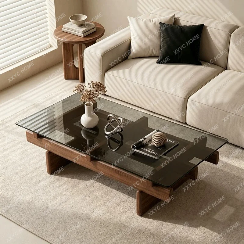 Light luxury minimalist tempered glass coffee table solid wood frame living room small apartment creative coffee table