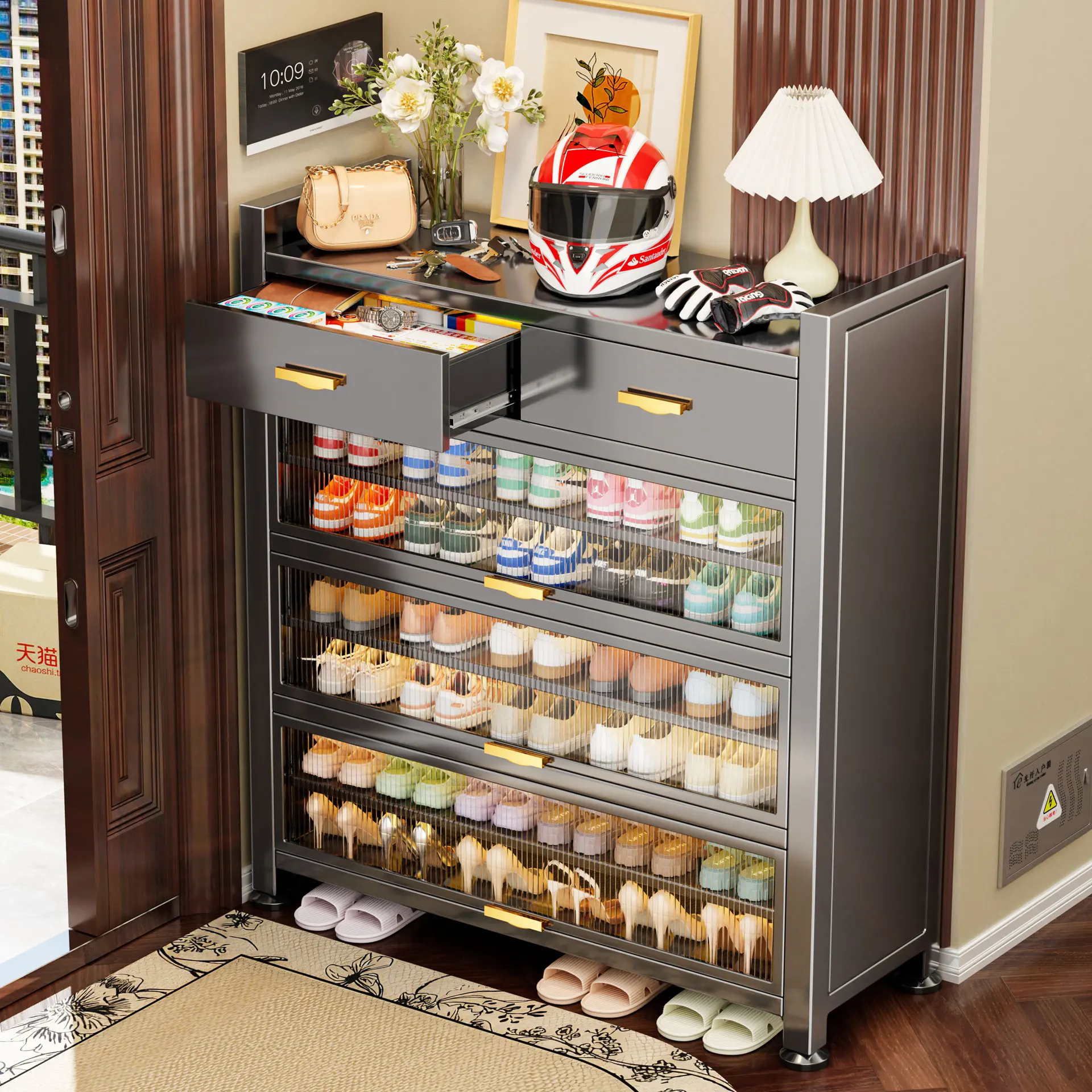 Steel shoe , multi-layer large-capacity storage cabinet at home door, simple assembly with drawer dust-proof shoe