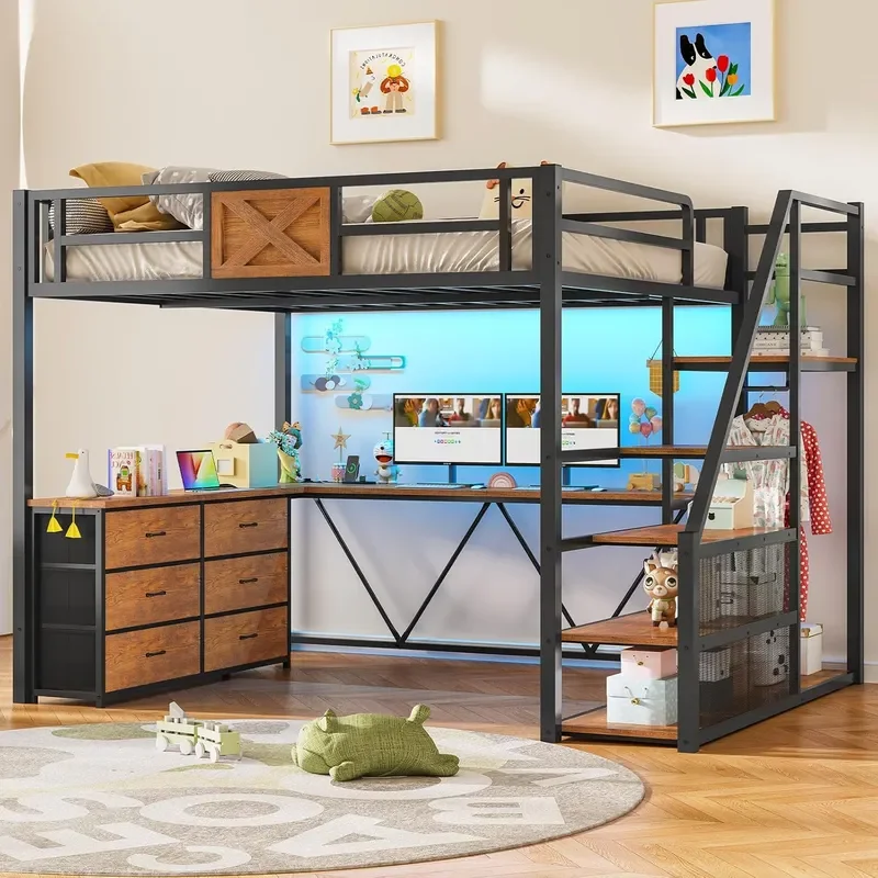 Full Size Loft Bed with Desk and Storage Stairs Metal Loft Bed with 6 Storage Drawers Hall Tree LED Lights and Power Outlet