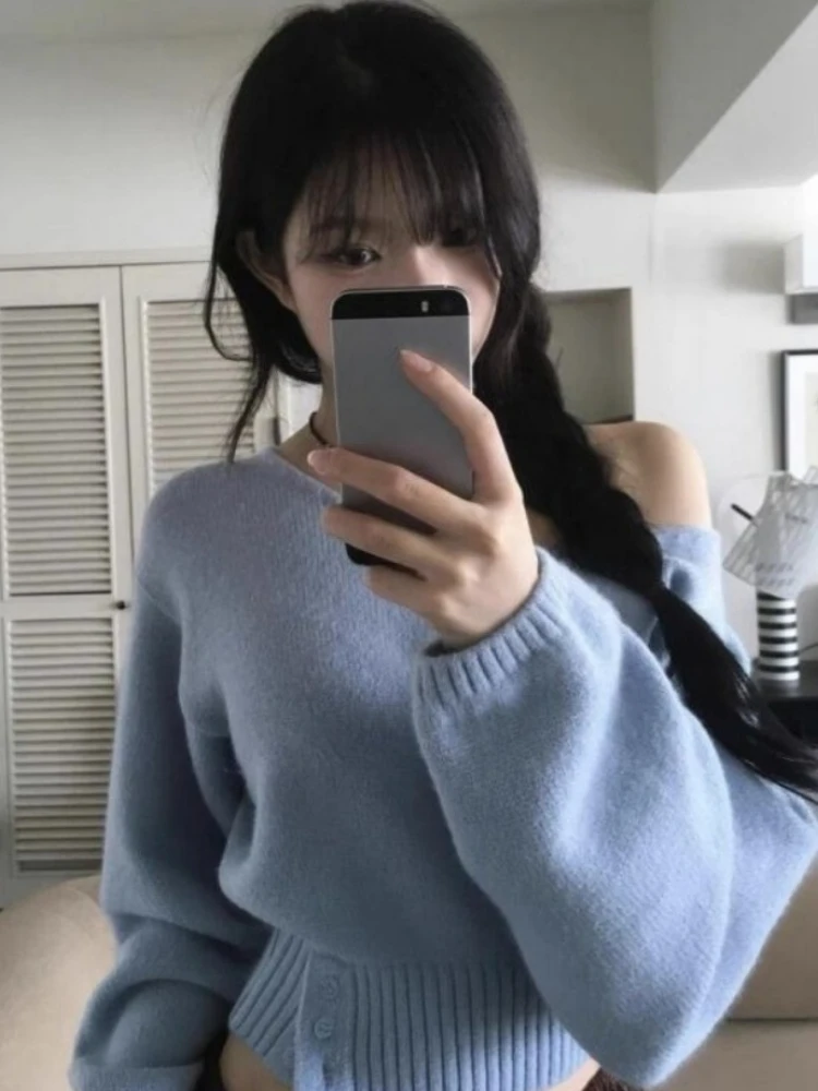 Y2k Aesthetic Irregular Skew Collar Sweaters Sexy Solid Grunge Harajuku Cropped Tops 2025 Autumn Fairy Loose Button Jumpers