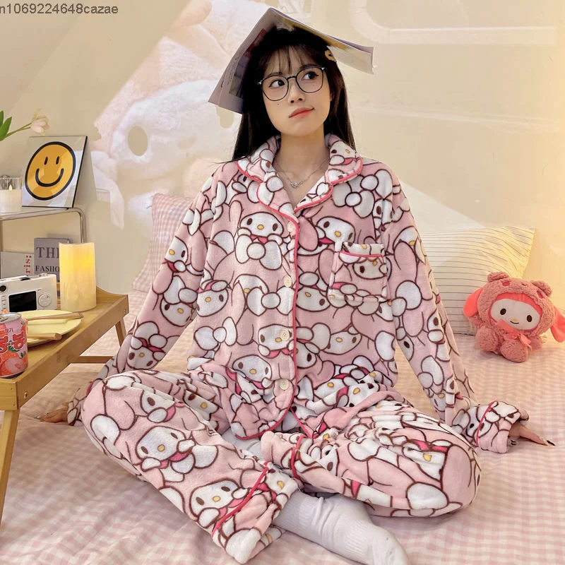 Sanrio Melody New Kawaii Plush Pajamas Suit Aesthetic Pink Cardigan Trousers 2 Piece Set Women Soft Tops Pants Sleepwear Y2k