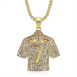 SZN 316L Stainless Steel Titanium gold plated Crystals football Cristiano Ronaldo 7 jersey pendant necklace 24in Necklace