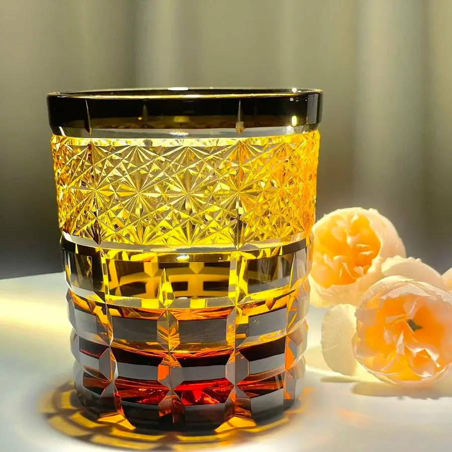 

Японский хрустальный стакан для виски, 10 унций, янтарно-черный, выгравированный узор, старомодный стакан с камнями и подарочной коробкой Янтарное свечение