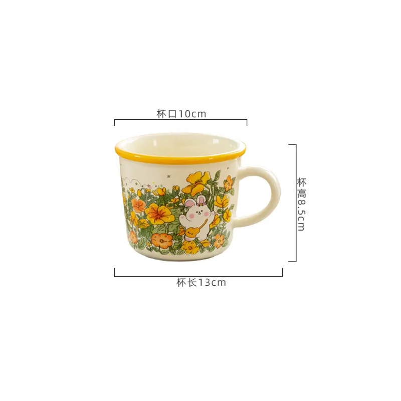 Caneca de porcelana com flor e coelho, xícara de cerâmica, pastoral europeia, sobremesa do café da manhã, leite, escritório, presente de aniversário, casa, 340ml