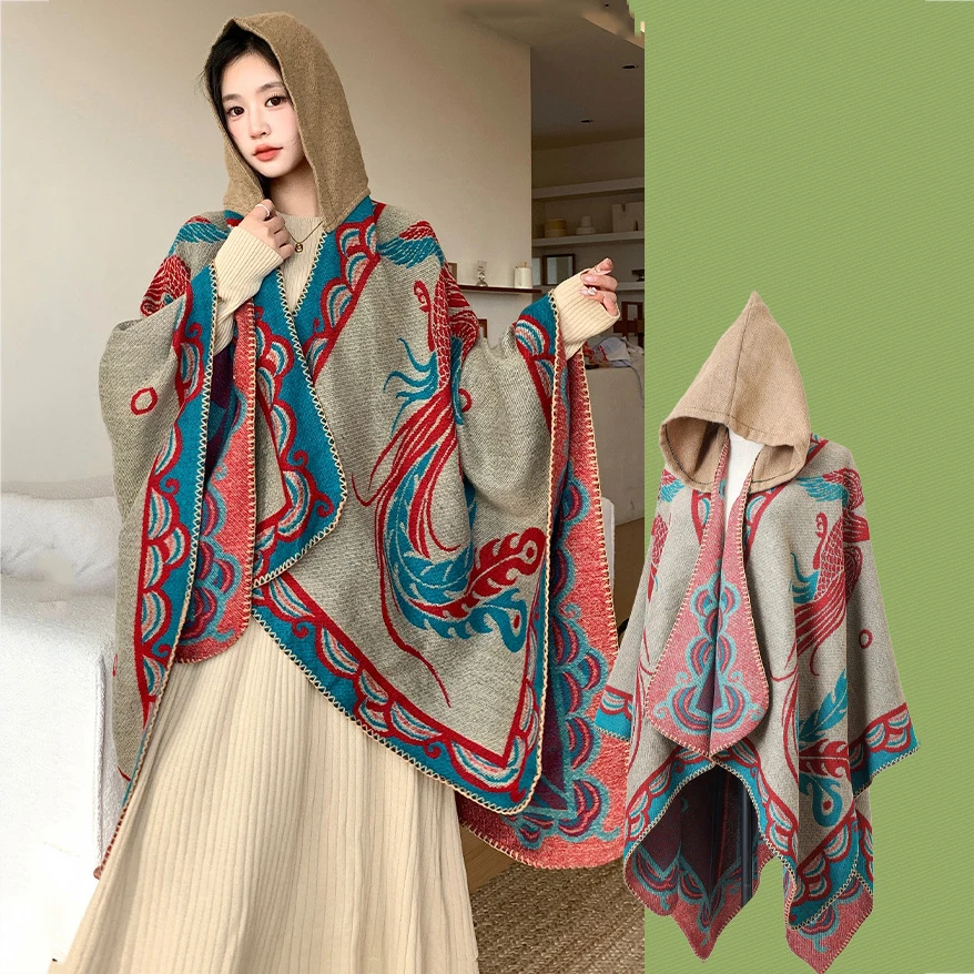 

Novelty Phenix Jacquard Faux Cashmere Cape Hooded Poncho Elegant Women Spring Autumn Winter Wraps Party Travel Cloak Shawl