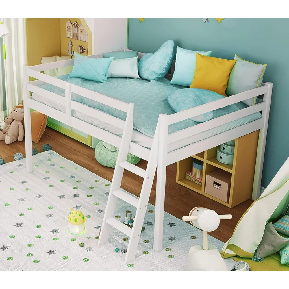 Junior Low Loft Bed with Stairs, White Wood Loft Bed for Adults, Kids and Young Teens, No Box Spring Required,Wood Slat Support