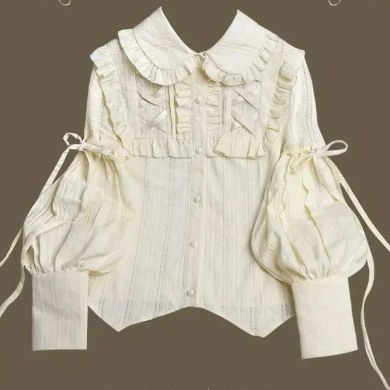 Spring Peter Pan Collar Fungus Edge Solid Color Shirts Lolita Vintage New Chinese Style Blouses Single-breasted Bandage Blusas