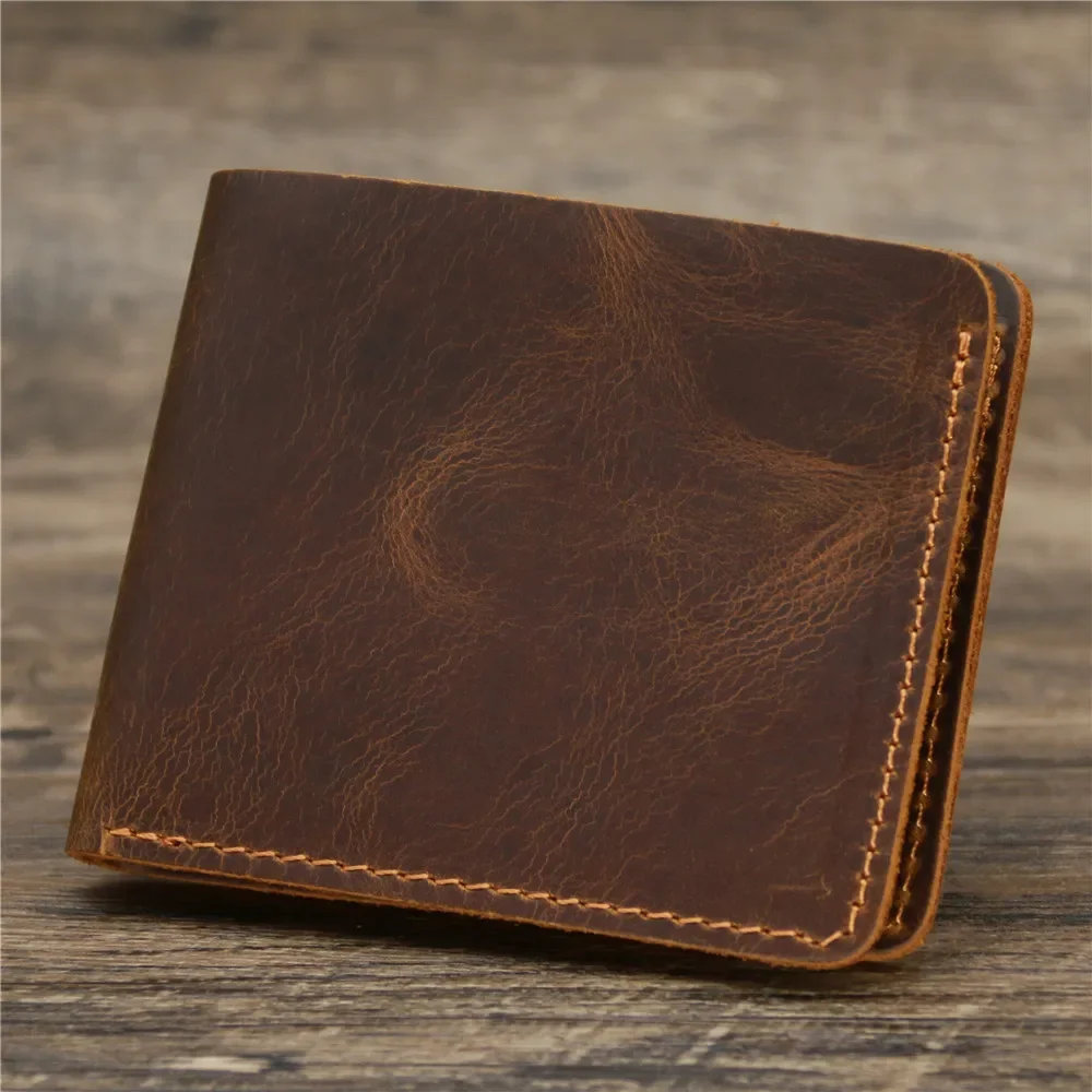 2025 New Trendy Men's Wallet Purse Vintage Brown Crazy Horse Genuine Cow Leather Card Wallets Retro Classic Oil Waxed Design
