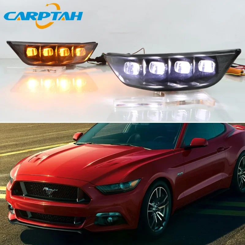 Car LED DRL 12V Daylights For Ford Bronco 2015 2016 2017 Yellow Turn Signal Daytime Running Headlamps Auto Driving Lamp Foglamps