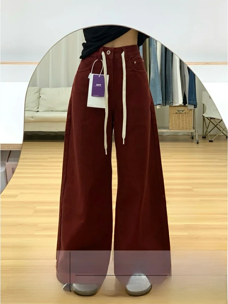 

Женские джинсы больших размеров с высокой талией, широкими штанинами, прямым кроем, длиной в пол, летние, свободные, с эффектом похудения, в японском стиле