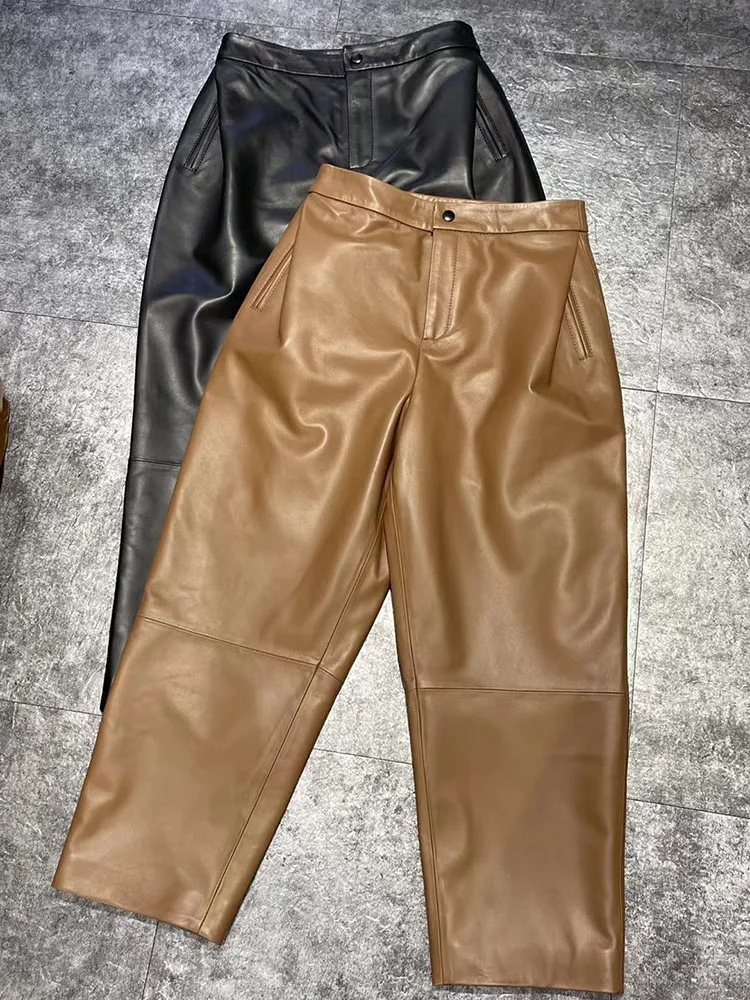 

Women Pants 2024 Autumn Winter New Korean Fashion Loose Style Genuine Leather Harm Trousers Women Streetwear