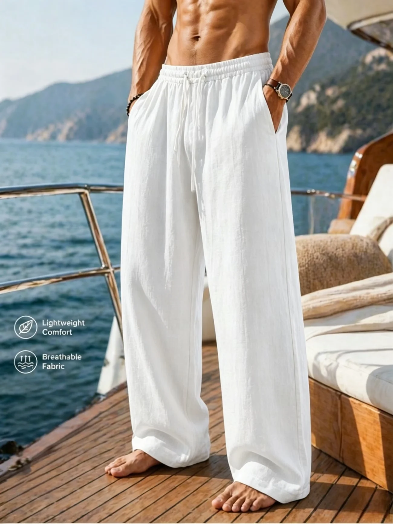 Herren Baumwoll-Leinen-Hose mit Weitem Bein, Elastischem Bund und Kordelzug, Leichte Atmungsaktive Sommer-Strand-Freizeithose – Detail 5