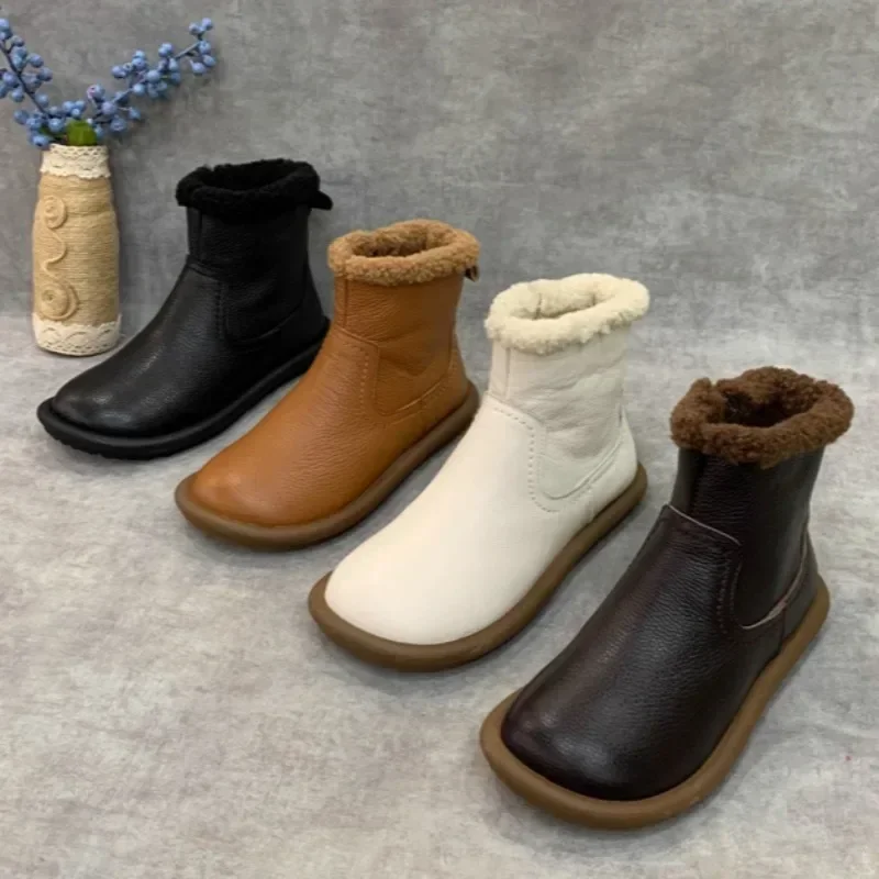Fur Flats Women Snow Ankle Boots Leather Short Plush Cotton Shoes 2025 Trend New Designer Warm Cozy Casual Winter