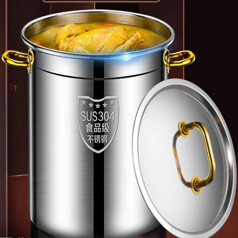 Extra thick 304 stainless steel bucket, round bucket with lid, soup bucket, commercial cooking noodle bucket