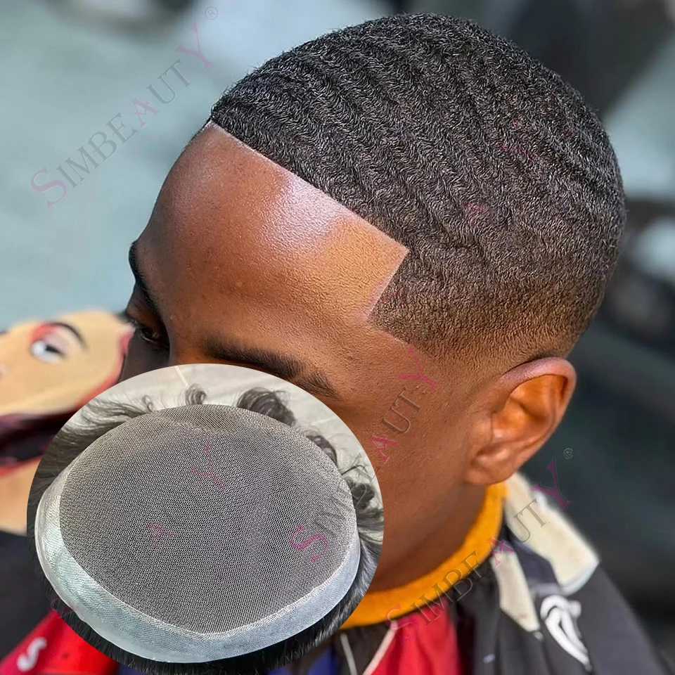 

10 мм 12 мм Глубокая волна Дышащий кружевной топ Длительное человеческое волосы 360 Мужской парик Прочная естественная линия волос Афро Черно-коричневая система волос