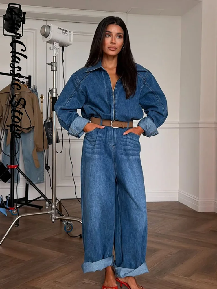 Vintage Denim Women's Jumpsuit Autumn Blue Lapel Full Sleeve Waist Cinching Zip-up Wide Leg Jumpsuits New Y2k Clothes 2026