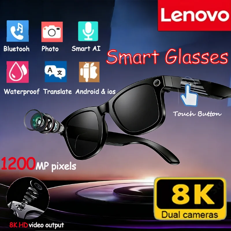 Lunettes intelligentes Lenovo AI avec caméra 8K 1200mp, Chat GPT, lunettes de soleil tactiles, lecteur de musique, appels Bluetooth, assistant vocal