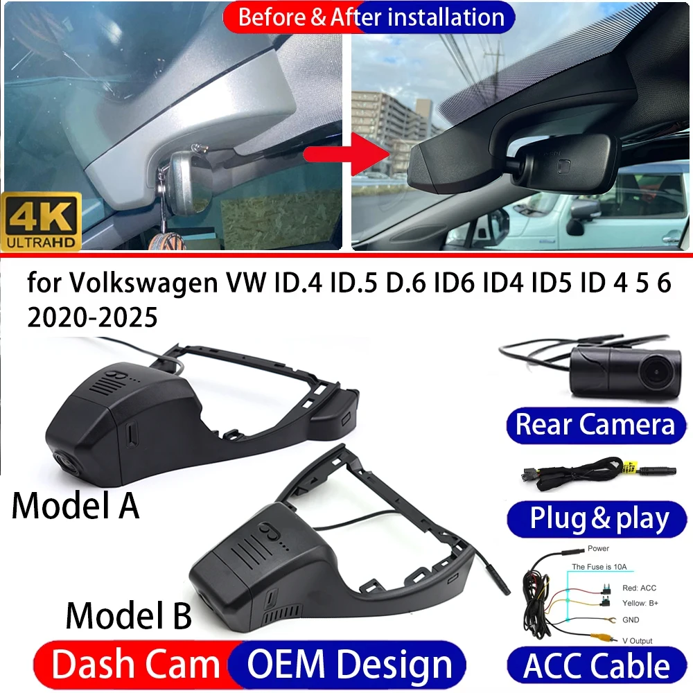 Dash Cam for Volkswagen VW ID.4 ID.5 D.6 ID6 ID4 ID5 ID 4 5 6 2020-2025 Front＆Rear 4K DVR Dashboard Camera Video Drive Recorder